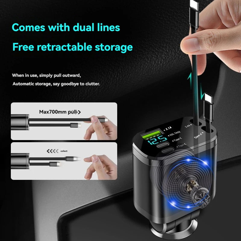 5-in-1 Car Charger with Retractable Cable – PD Fast Charging for iPhone & USB-C