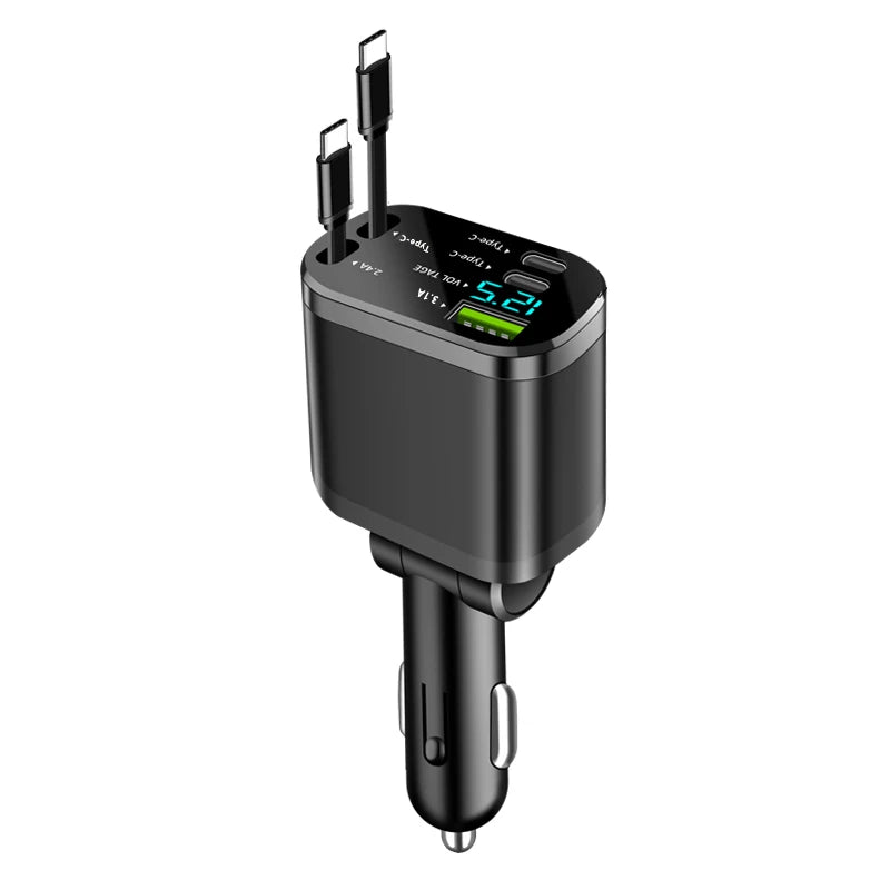5-in-1 Car Charger with Retractable Cable – PD Fast Charging for iPhone & USB-C
