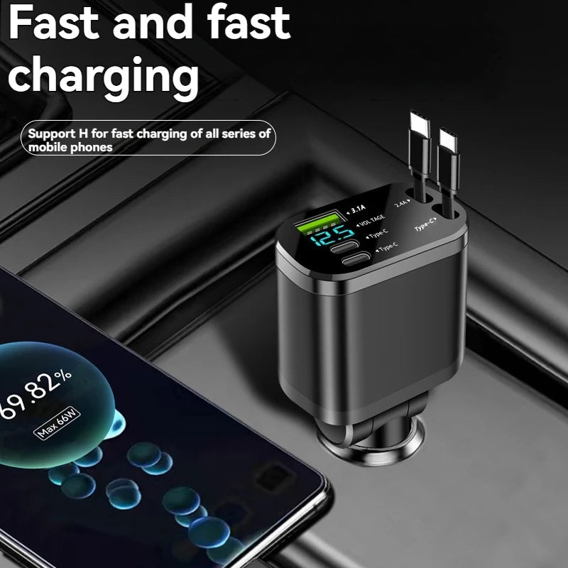 5-in-1 Car Charger with Retractable Cable – PD Fast Charging for iPhone & USB-C