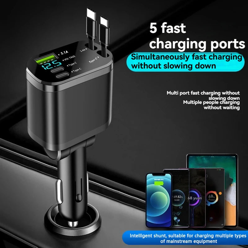 5-in-1 Car Charger with Retractable Cable – PD Fast Charging for iPhone & USB-C