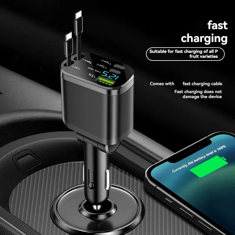 5-in-1 Car Charger with Retractable Cable – PD Fast Charging for iPhone & USB-C