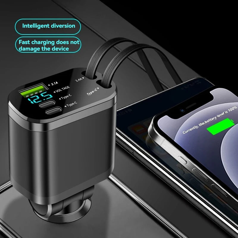 5-in-1 Car Charger with Retractable Cable – PD Fast Charging for iPhone & USB-C